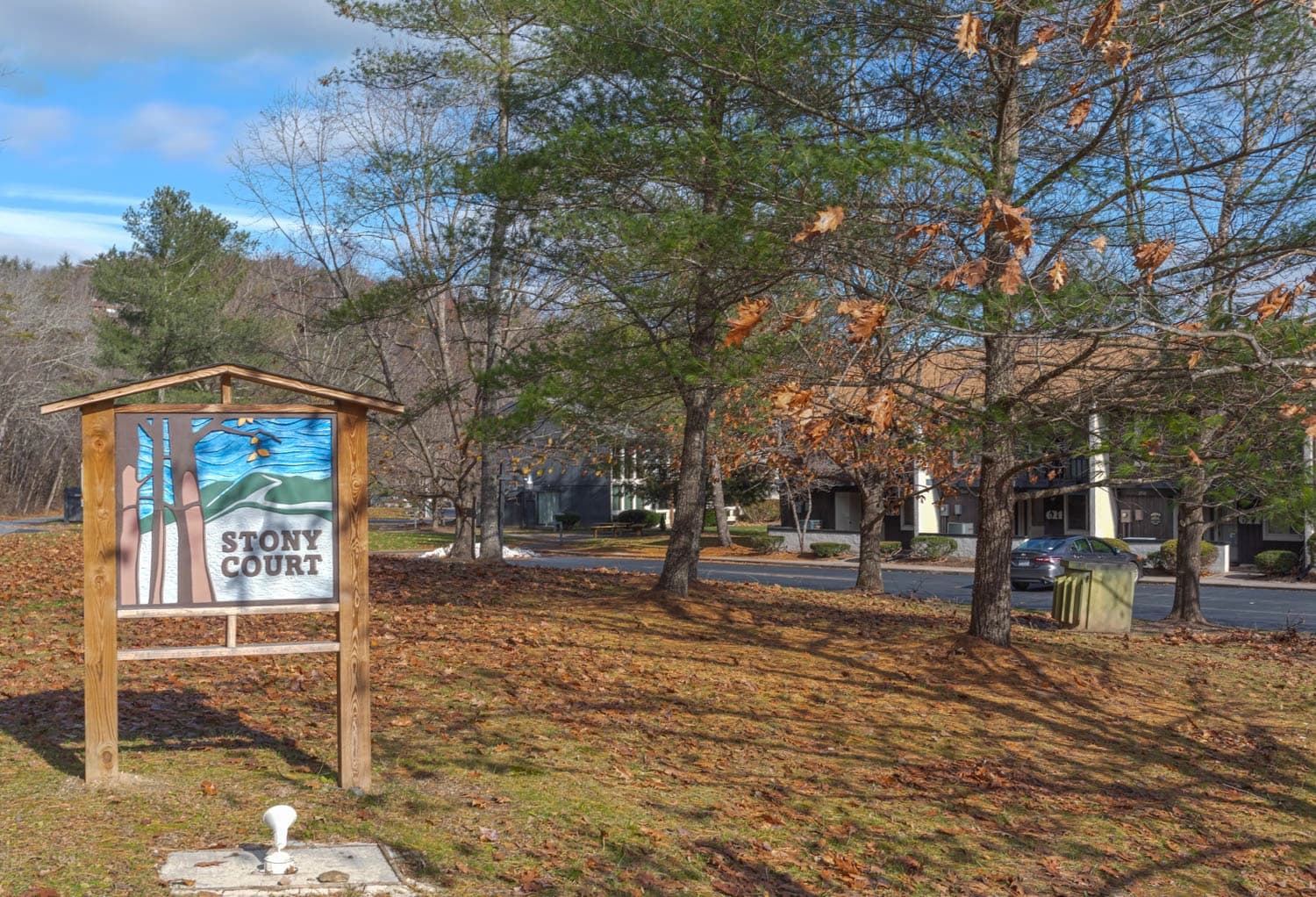 Sign for "Stony Court" surrounded by trees and autumn leaves.